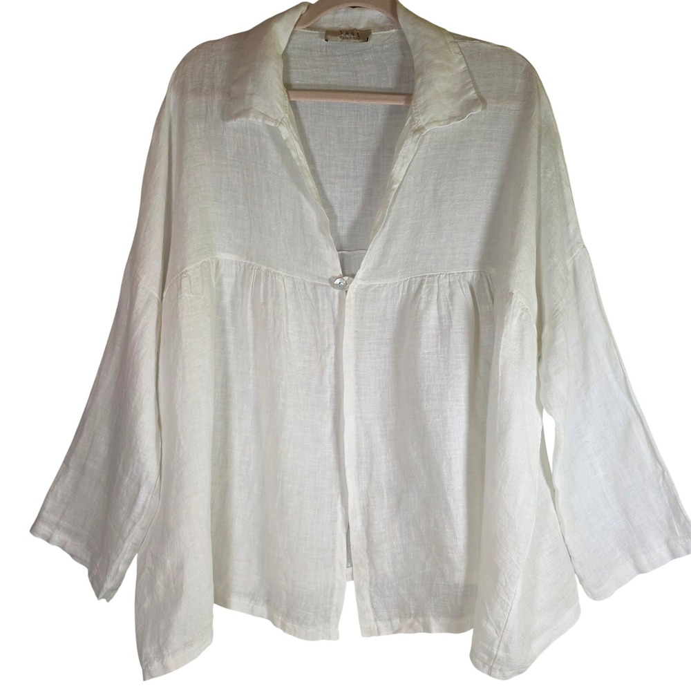 Saga White 100% Linen Single Button Blouse Cardigan Womens OS Oversized Top